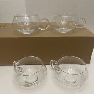4 Vintage Blown Glass Moderno Riekes Criss Crystal Punch Bowl Glasses Cups
